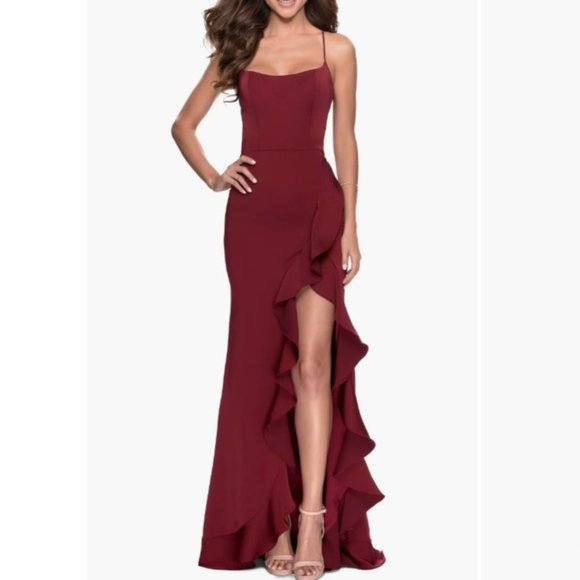 La Femme Dresses & Skirts - La Femme Flutter Slit Trumpet Gown Wine 6